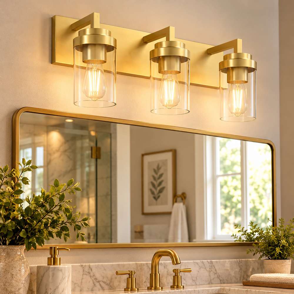 3-Light Brass Bathroom Vanity Light – Glass Shades, Modern Wall Fixture